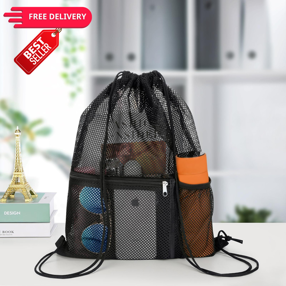 NATURAL STYLE 2 PACK Mesh Drawstring Backpack Bag, Multifunction Large, Black