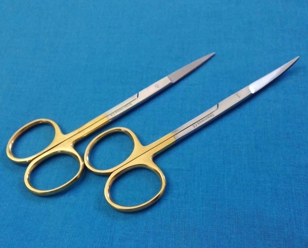 2 GOLD HANDLE ASSORTED IRIS MICRO DISSECTING SCISSORS STRAIGHT + CURVED 4.5"