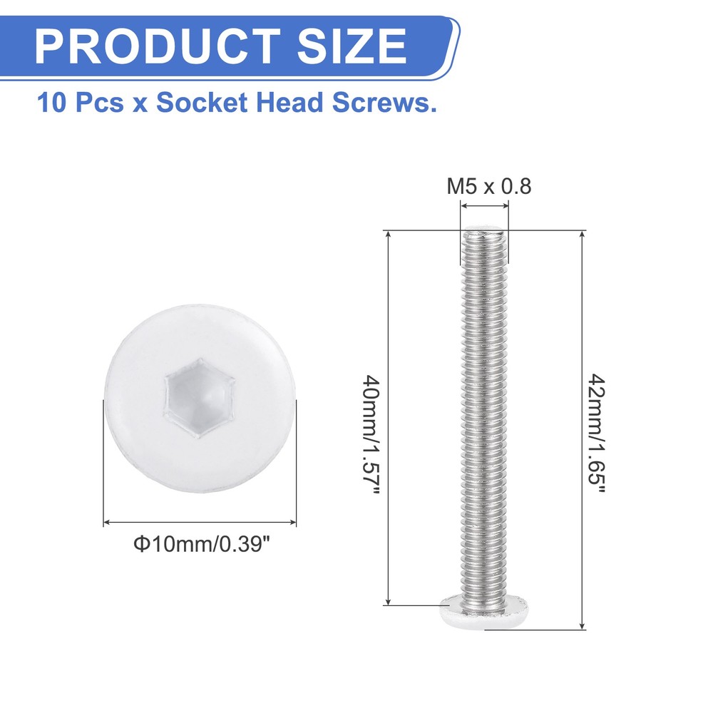 10 Pcs M5-0.8 x 40mm Button Head Hex Socket Head Screws, White