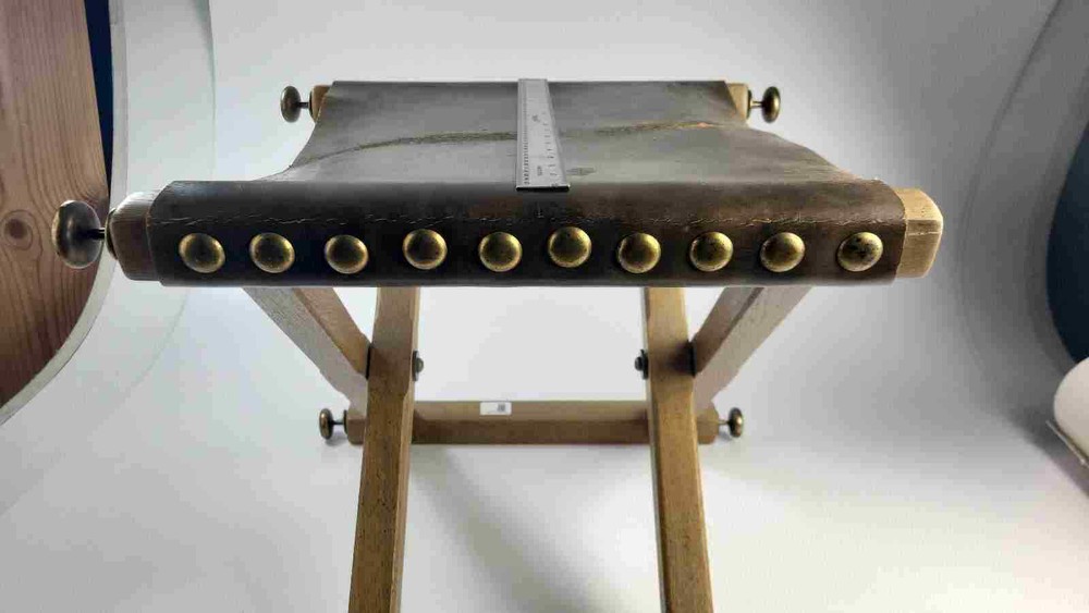 Vintage Oak Leather And Brass Camp / Campaign Folding Stool