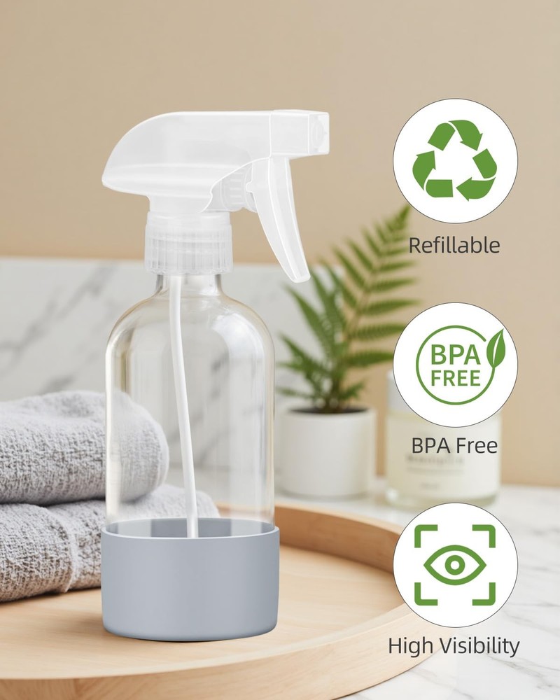 4Pack 8oz Glass Spray Bottles Refillable Silicone Sleeve Adjustable Nozzle