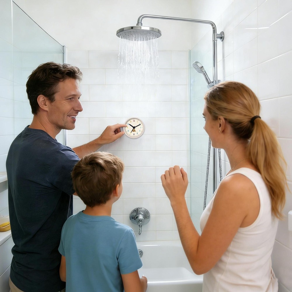 Small Shower Clock Bathroom Round Quiet Wall Decor with Suction Cup