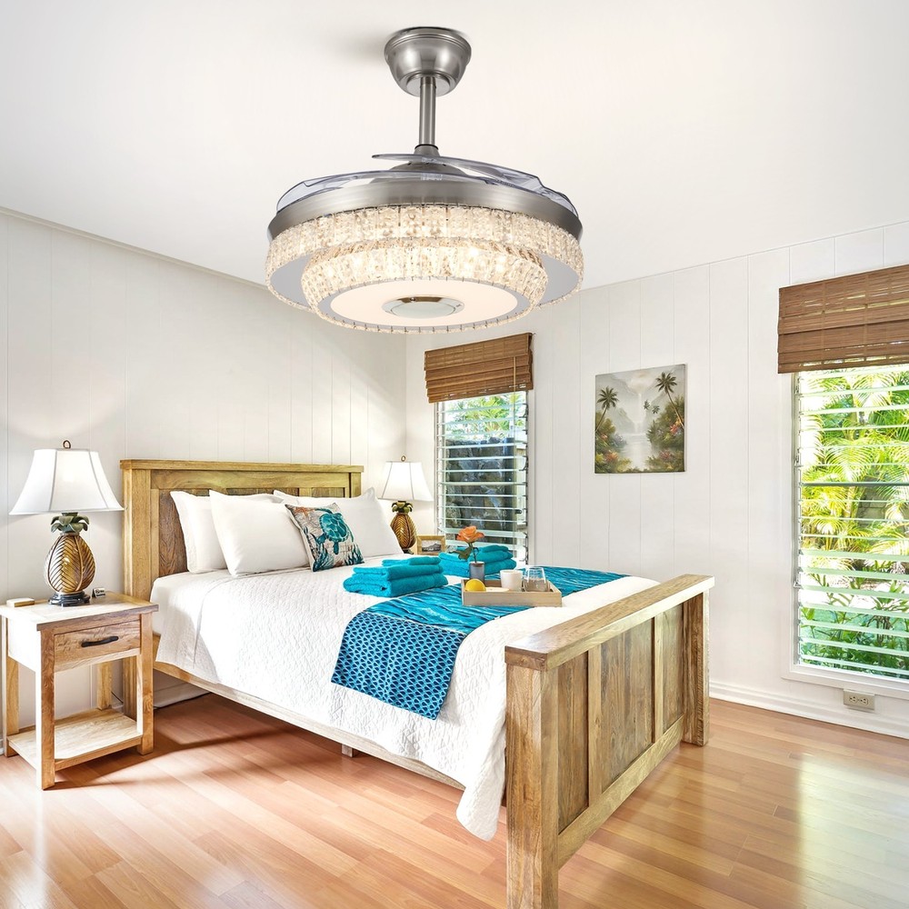 Bluetooth Crystal Ceiling Fan with Light – Retractable Blades, Dimmable LED