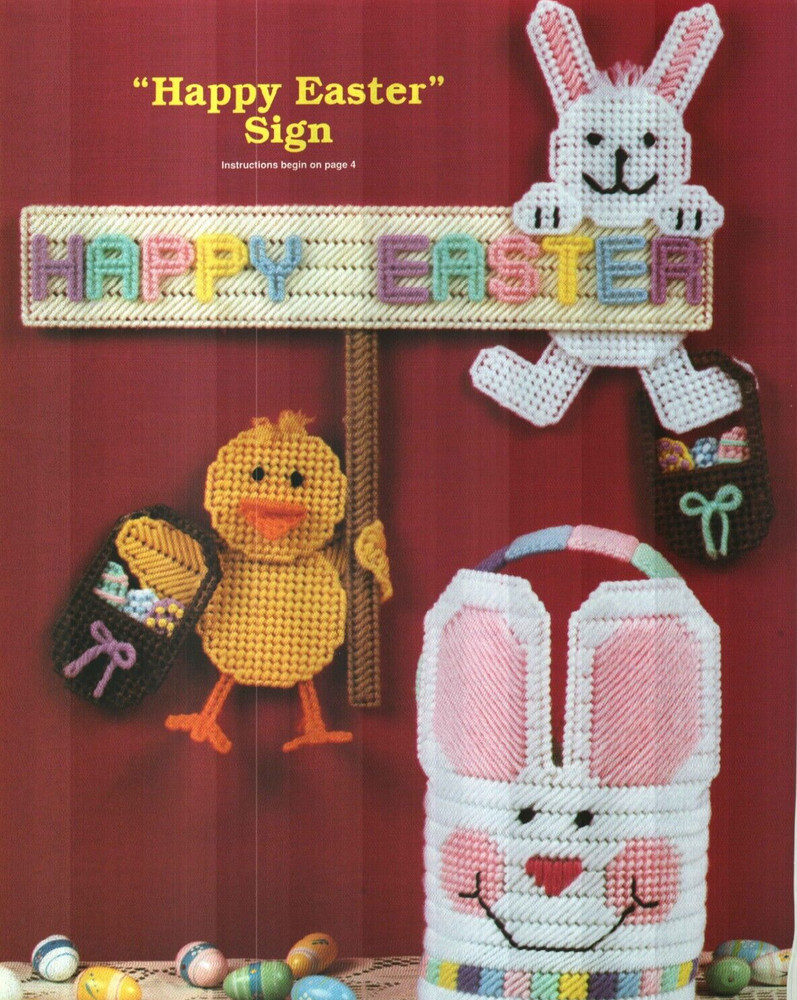 HAPPY EASTER SIGN & RAINBOW BUNNY BASKET PLASTIC CANVAS PATTERN INSTRUCTIONS