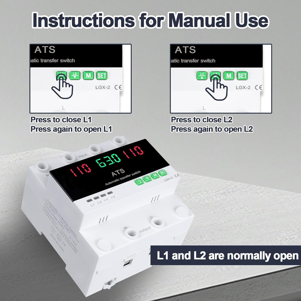 63A 110V Automatic/Manual Transfer Switch, Dual Power Selector with LED Display,