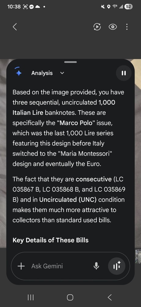 1000 Italian Lire, 3 Crisp Sequential banknotes -1982