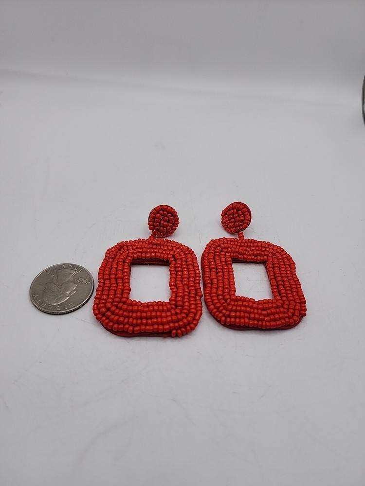 Vintage Pierced Earrings Red Seed Beads Square Shape Unsigned Artisan 2.5"...