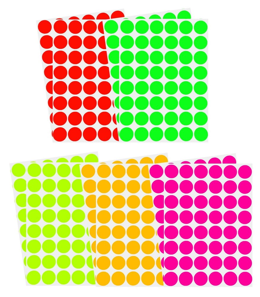 Neon Multicolored 17 mm ~3/4 Inch Color Coding Labels Round Dots 480 Pack Sheets