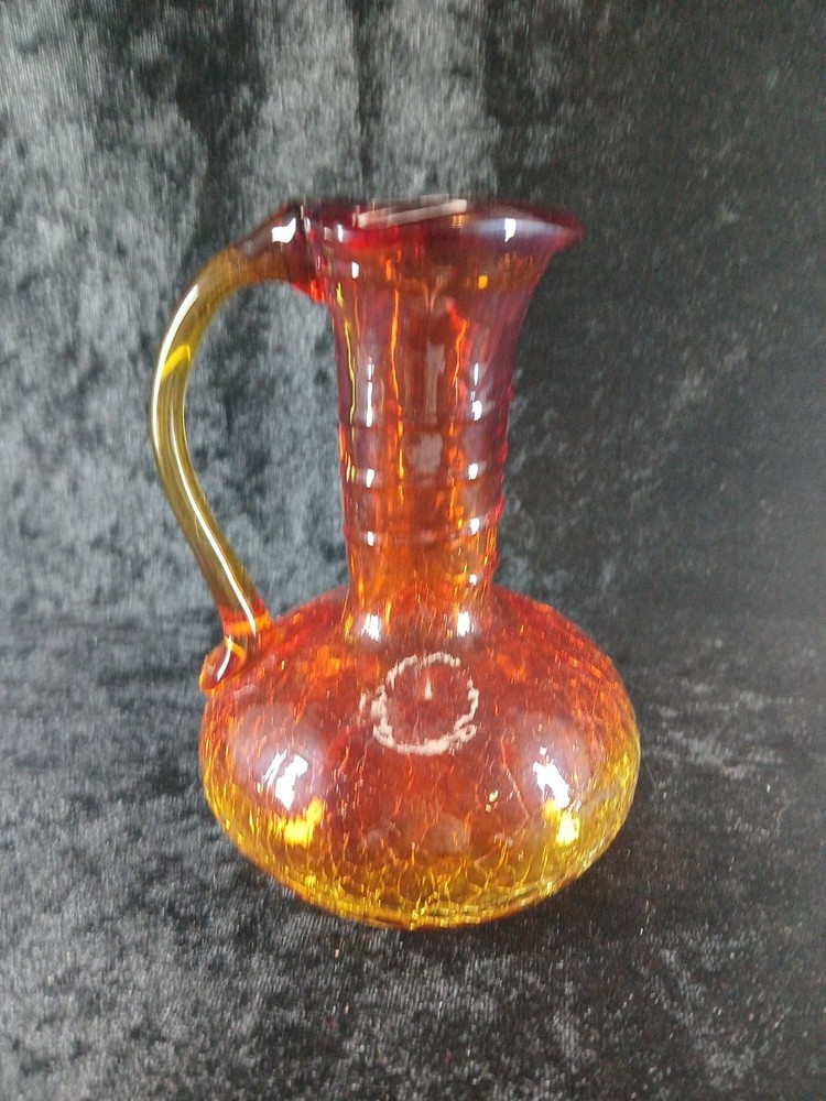 Crackle Glass Amberina Pitcher Applied Handle