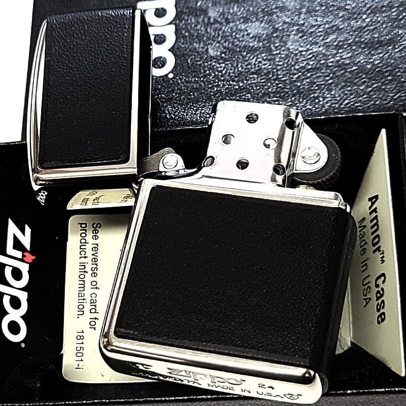 Zippo Armor Case Black Cowhide Leather Silver 3 Sided Processing Lighter Japan