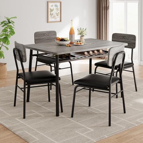 Dining Table Set for 4 with Storage Rack, 5-Piece Table with 4 Chairs Gray -1