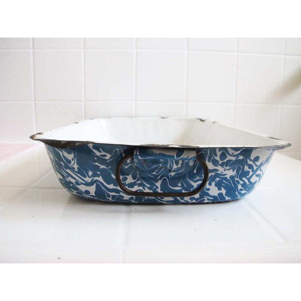 Vtg Splatterware Blue White Enamel Rectangle Roasting Pan Marbled Swirl Chippy