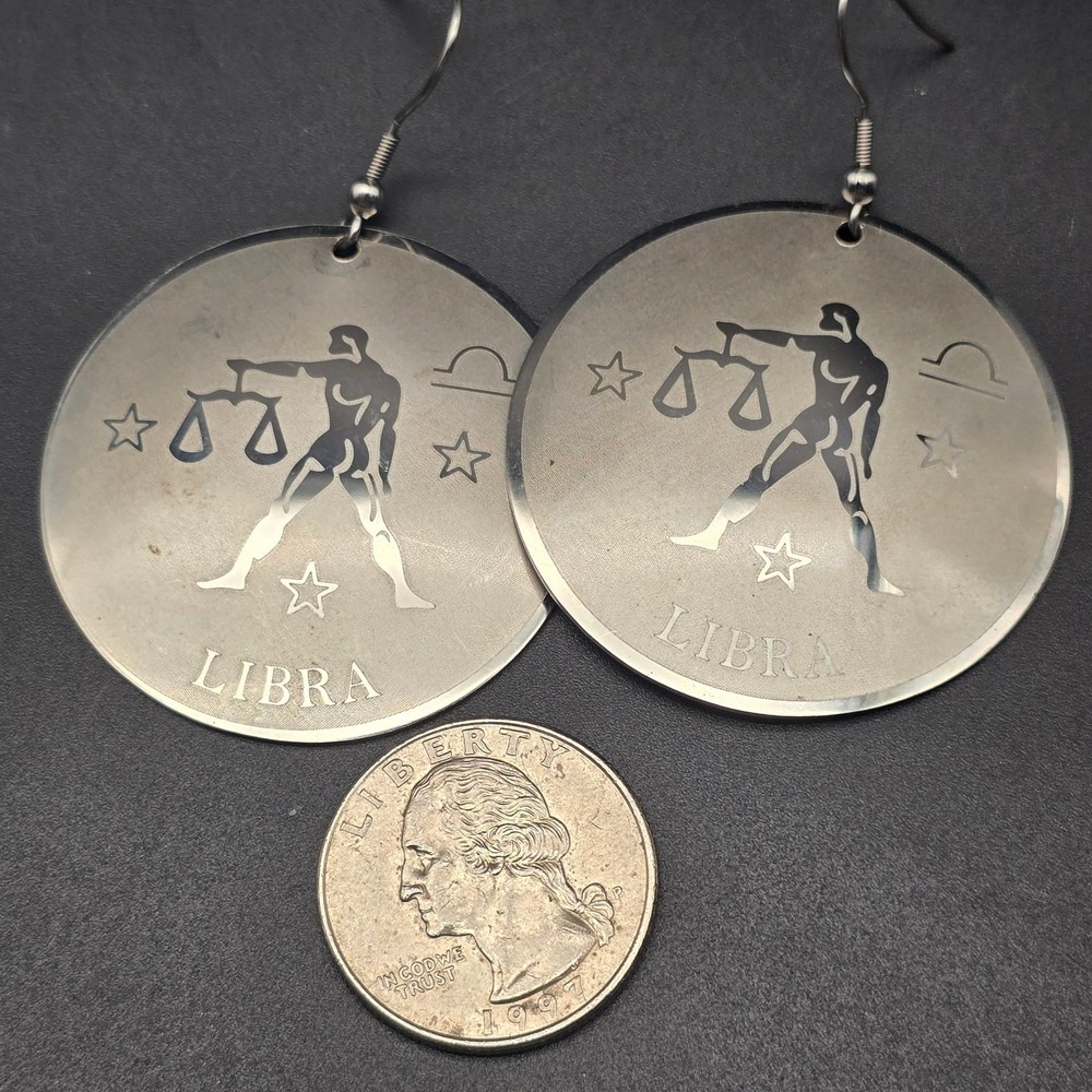 Libra Zodiac Symbol Earrings Silver Tone Discs Round Dangle Drop