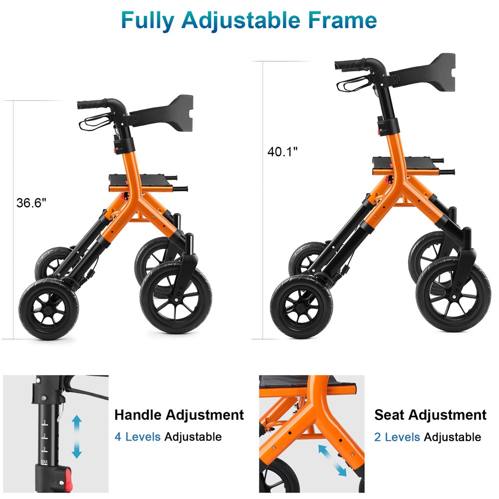 MAXWALK Rollator Walker 12in Rubber Wheels W/ Folding Mesh Backrest Adjust Seat