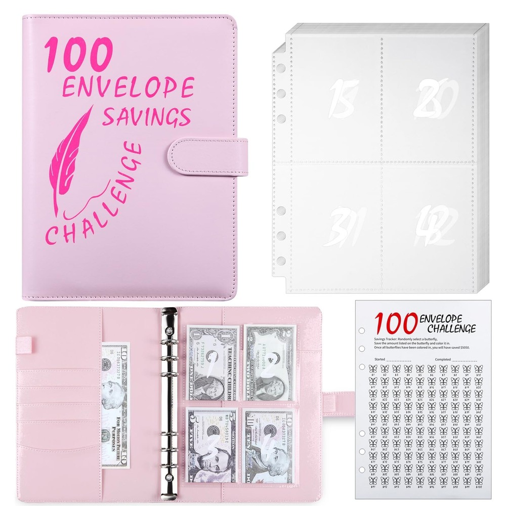 100 Envelope Challenge Binder, 25 Sheets Silkscreen Numbers to 100, Not Stick...
