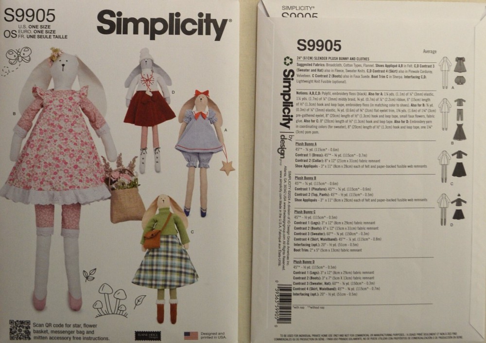 Simplicity- 9905 - Slender Plush Bunny 24" and Clothes