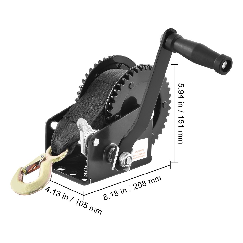 2000lbs Hand Winch Heavy Duty Hand Crank 23ft Polyester Strap for Boat/ATV