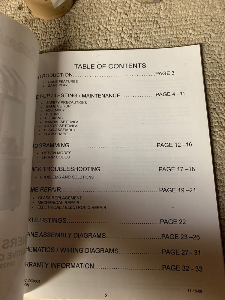 ORIGINAL CARNIVAL CRANE ICE arcade game manual