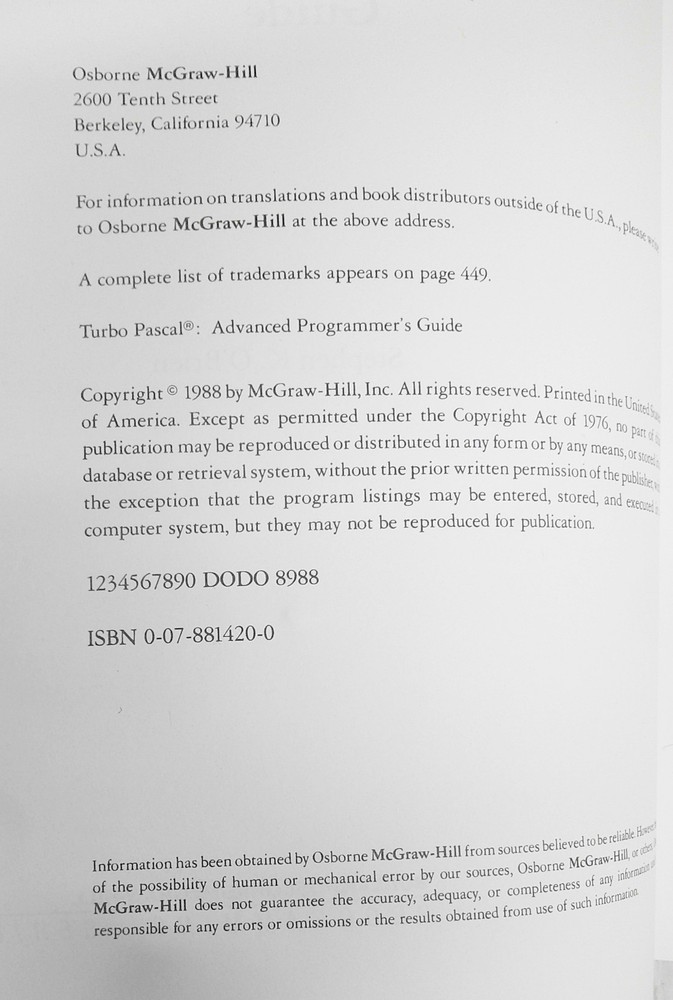 Turbo Pascal : Advanced Programmer's Guide - by Stephen K. O'Brien. 1988 Fine