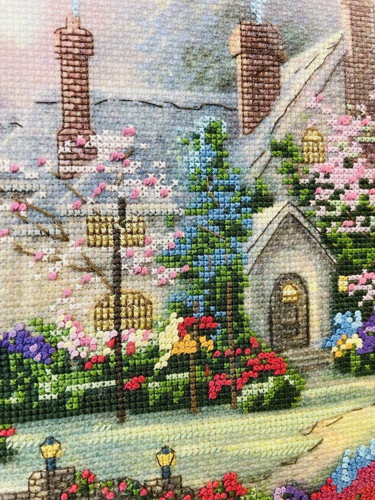 Thomas Kinkade "Beyond Spring Gate" Completed Cross Stitch Matted Framed 24”x21”