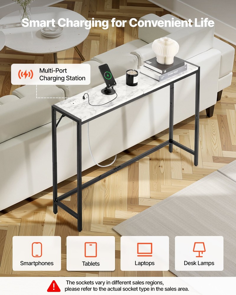 [New]Marble Console Table,Modern Narrow Long Console Table w/Power Outlet,Thin S