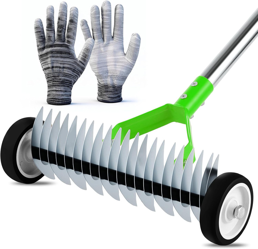 Heavy-Duty Rolling Thatch Rake with Wheels - 15.28" Steel Dethatcher Tool
