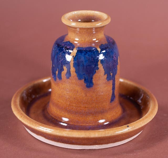 Morgan Pottery Studio Blue Drip Glaze Candlestick Holder Loop Handle