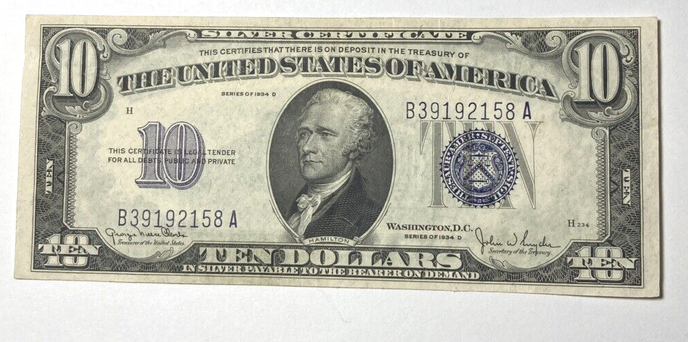 1934D $10 Silver Certificate Blue Seal AU+