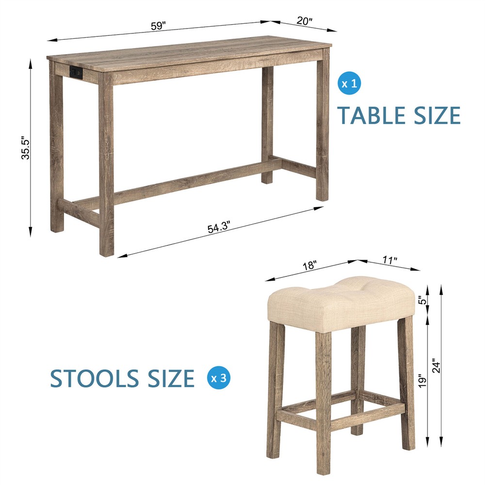4 Piece Bar Table Set Counter Height Kitchen Dining Table with 3 Stools US