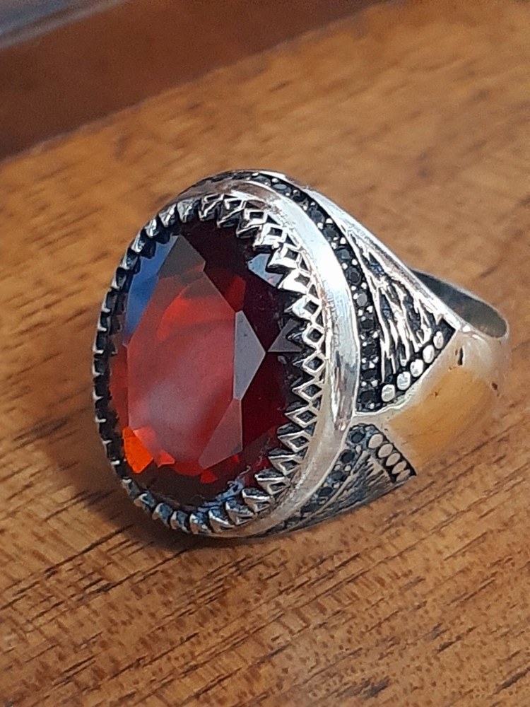 Men's Ring 925 Silver Ruby Solitaire Carniola Pirate Ring Man Sterling Ruby