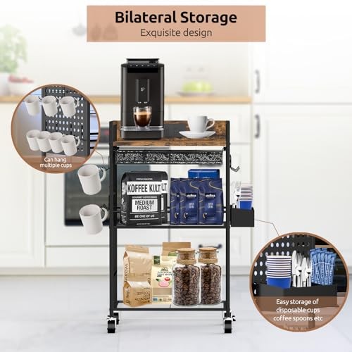 Compact Coffee Bar Cabinet with Power Outlet, Lockable Wheels, and Storage