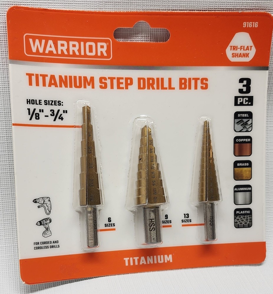 WARRIOR 3pc Titanium Step Drill Bits #91616 New Sealed