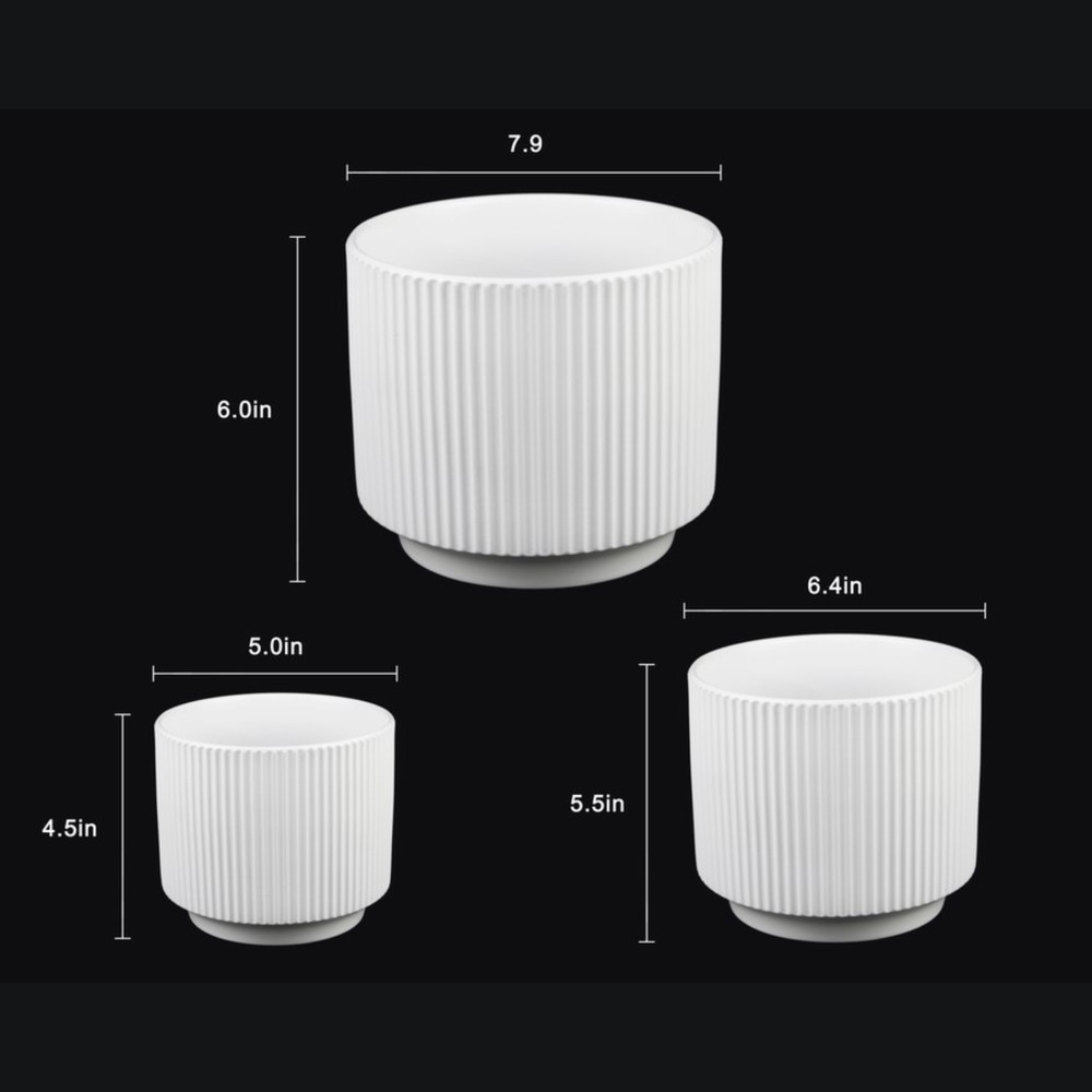 3-Piece White Stoneware Planter Pot Set with Ribbed Texture