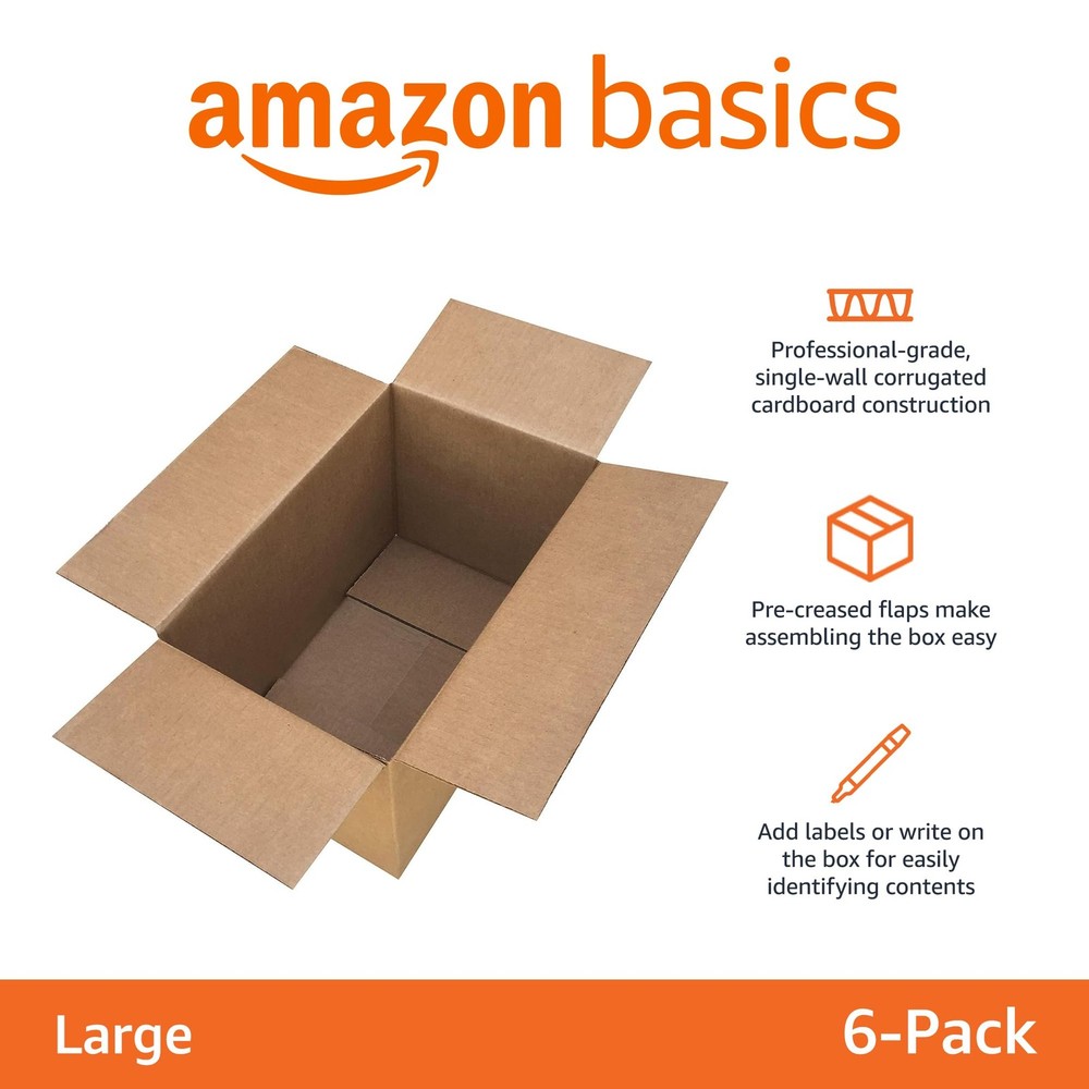 Amazon Basics Cardboard Moving Boxes for Packing and Large, 6-Pack, Brown