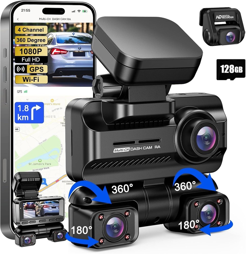 360° Front Rear Inside Dash Cam Loop Recording G-Sensor Dashcam 3.18” IPS Screen