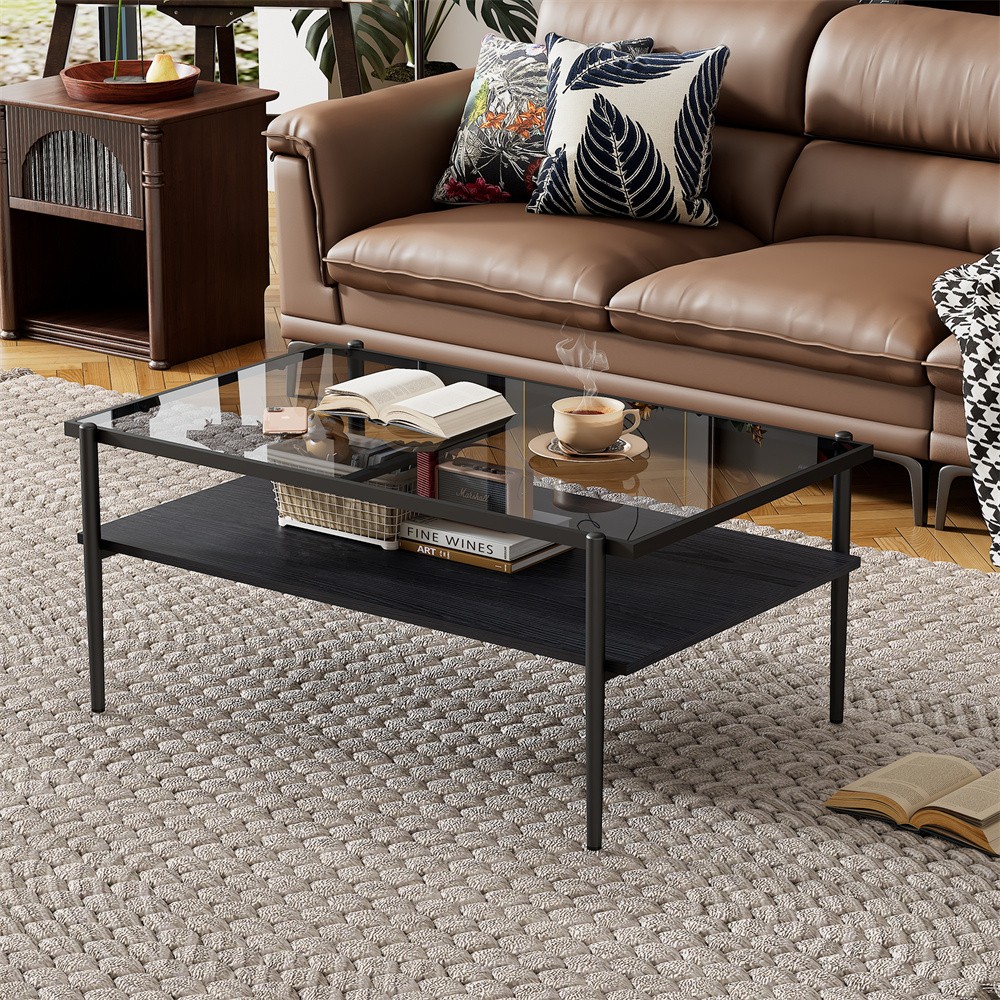 Gray Bilayer Tempered Glass Rectangular Have Storage Shelf Function Coffee Table
