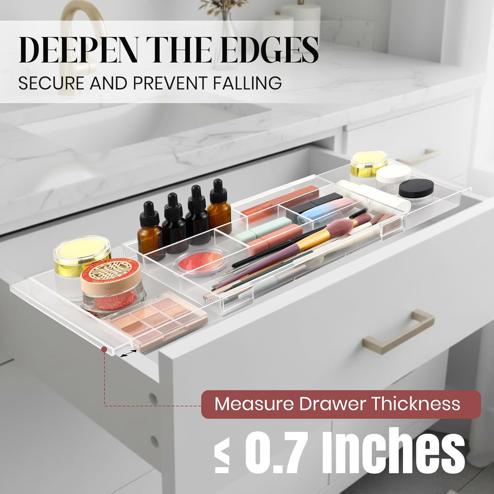 2Pack Shallow Expandable Drawer Organizer, Adjustable 12.5”–20” Clear Plastic Dr