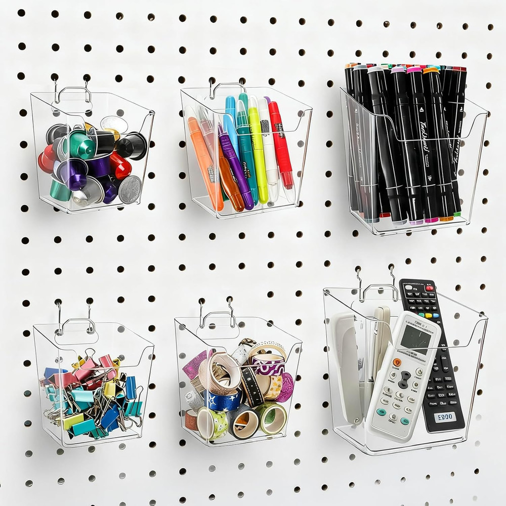 6 Pack Clear Pegboard Cups Hooks Plastic Peg Board Bins Pegboard Organizer Mouth