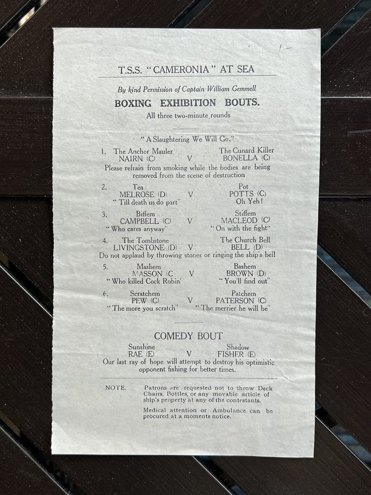 1920-30s TSS Cameronia - Boxing Schedule / Program - Anchor Line