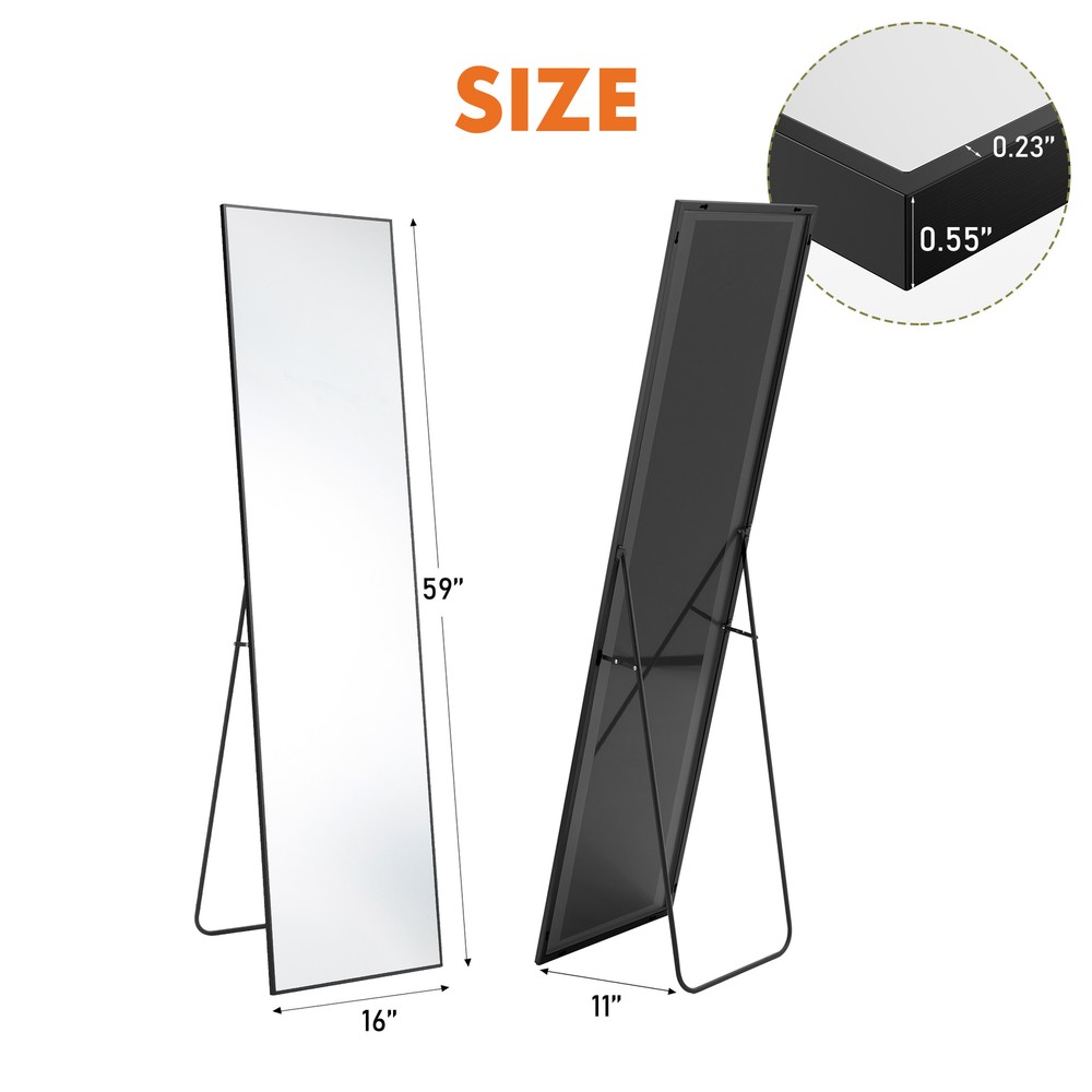 Rectangle Full Length Mirror Sturdy Thin Frame 3 Mount Types (Stand/Hang/Lean)