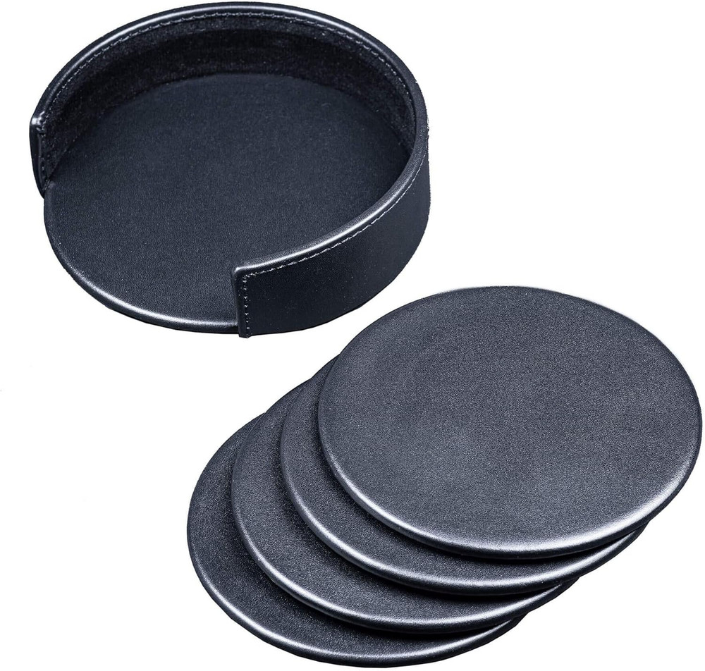 Black Leather 4-Round Coaster Set