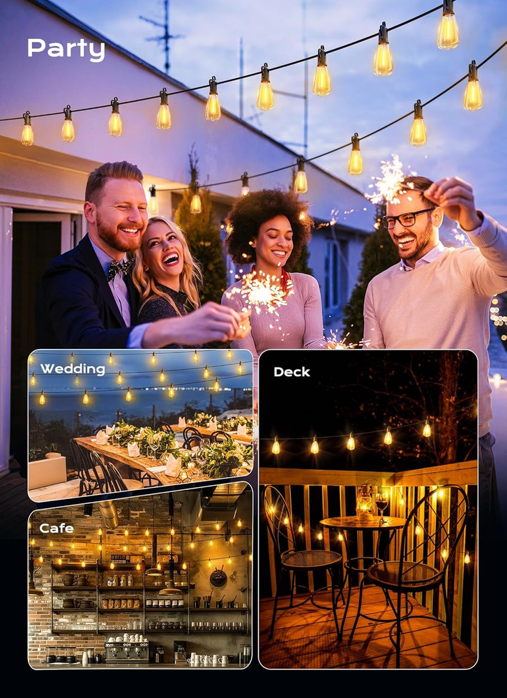 Outdoor-String-Lights-Patio-Lights, 100FT ST38 Shatterproof Dimmable Waterproof