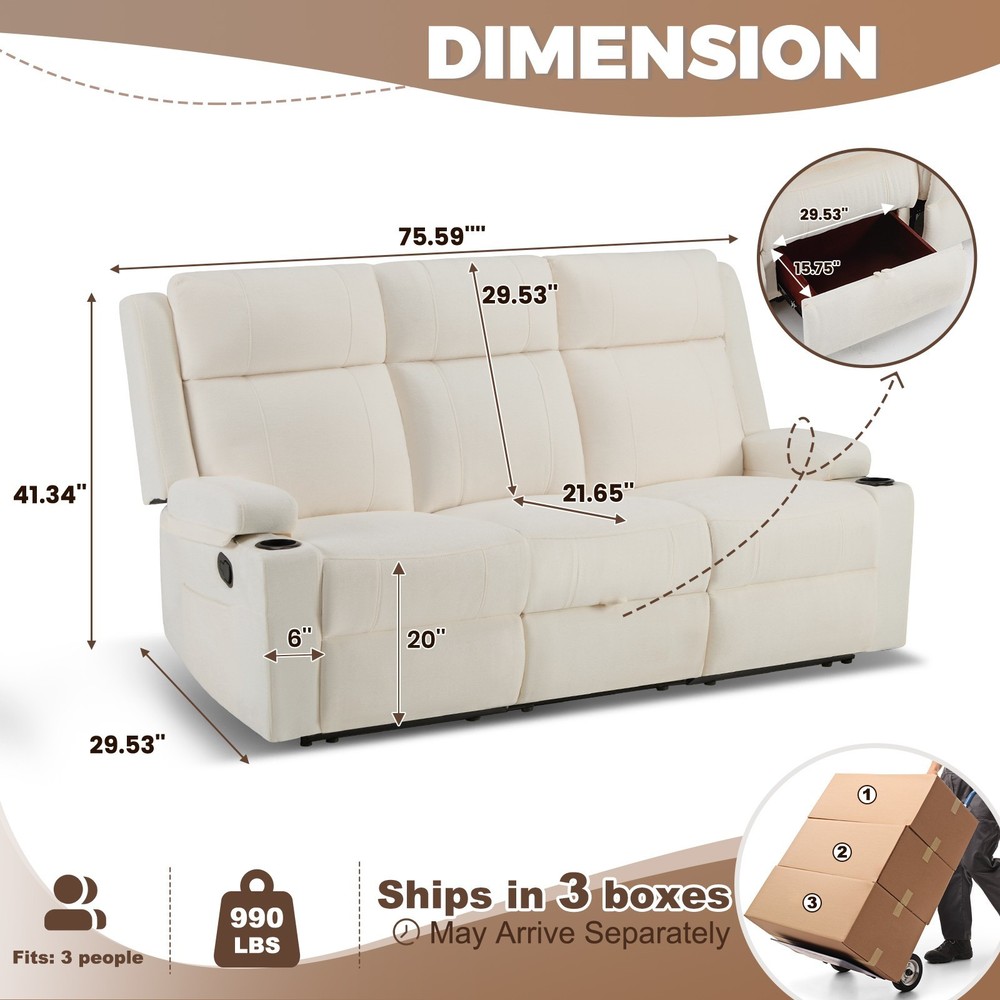 Chenille Reclining Sofa 3-Seater with Convertible Table, Storage Ottoman