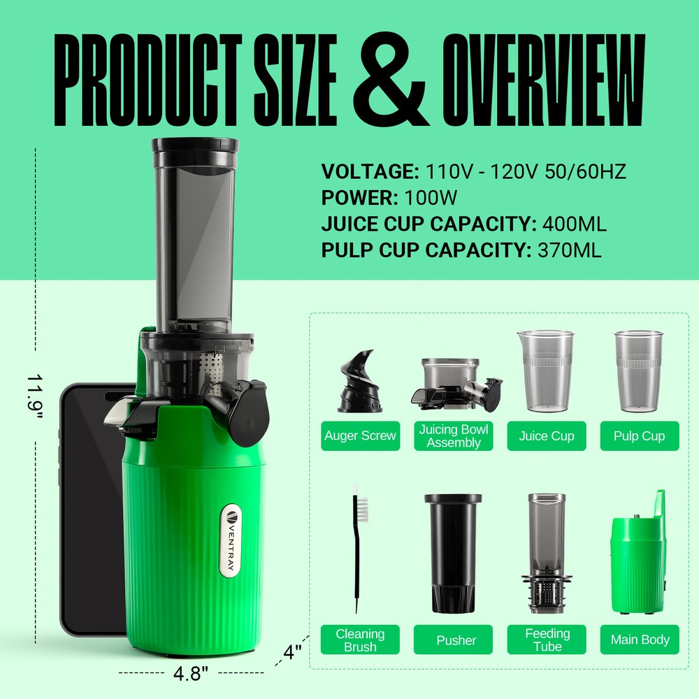 Ventray Essential Ginnie Compact Cold Press Juicer, Easy Clean & Nutrient Dense