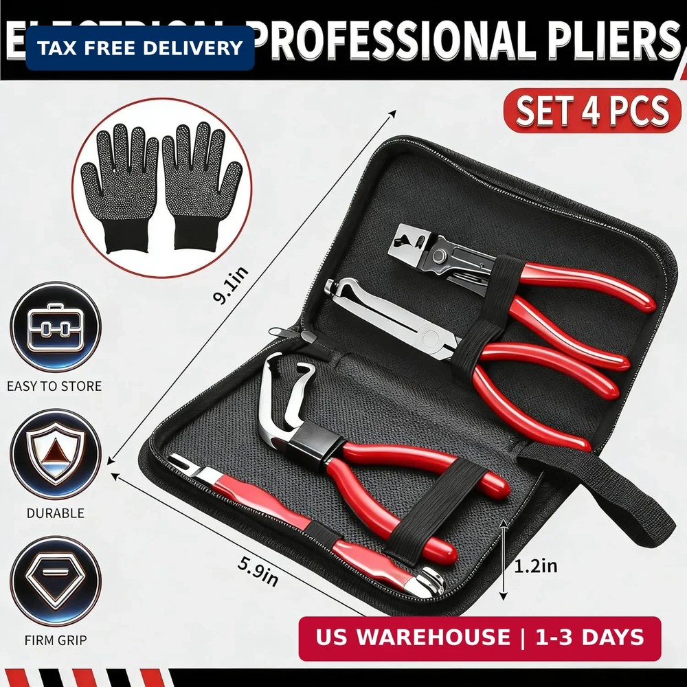 5-Pcs Kit Electrical Disconnect Pliers Set with Gloves - Auto Connector Tool for