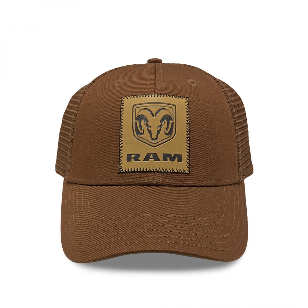 Dodge Ram Logo Sewn Patch Adjustable Trucker Hat Brown