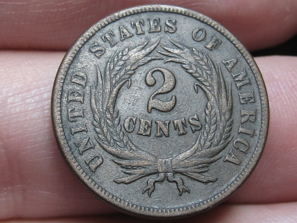 1865 Two 2 Cent Piece- Fancy 5, Partial WE, VF/XF Details