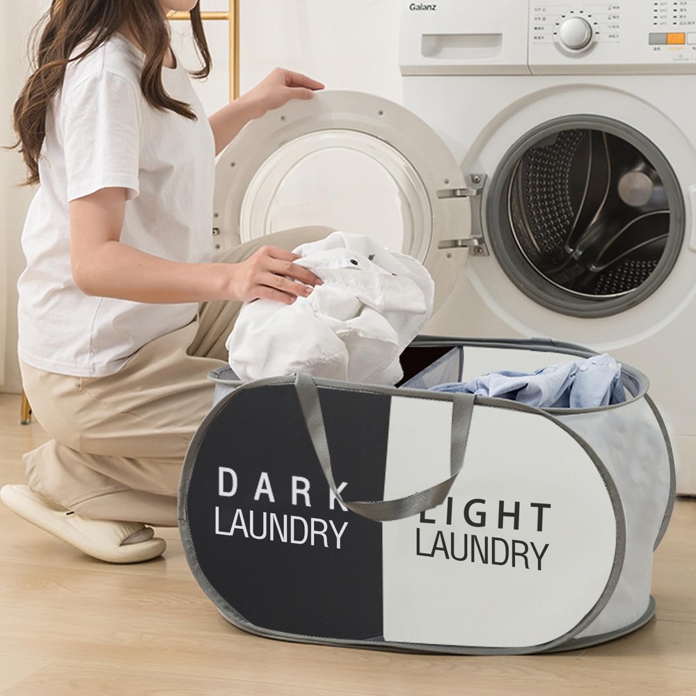Foldable Pop Up Laundry Hamper 2 Section Laundry Basket Dirty Clothes Hampers...