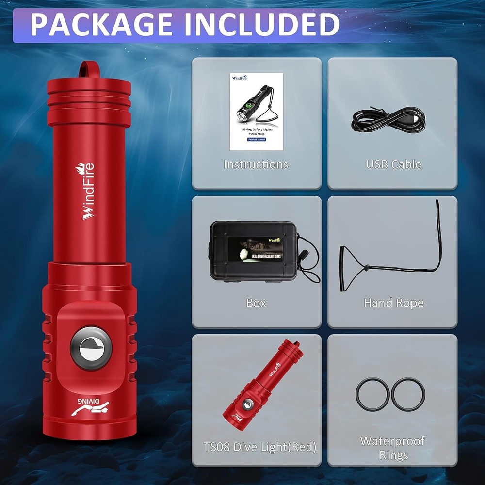 WINDFIRE TS08 Dive Light Super Bright, Scuba Flashlight Red-TS08