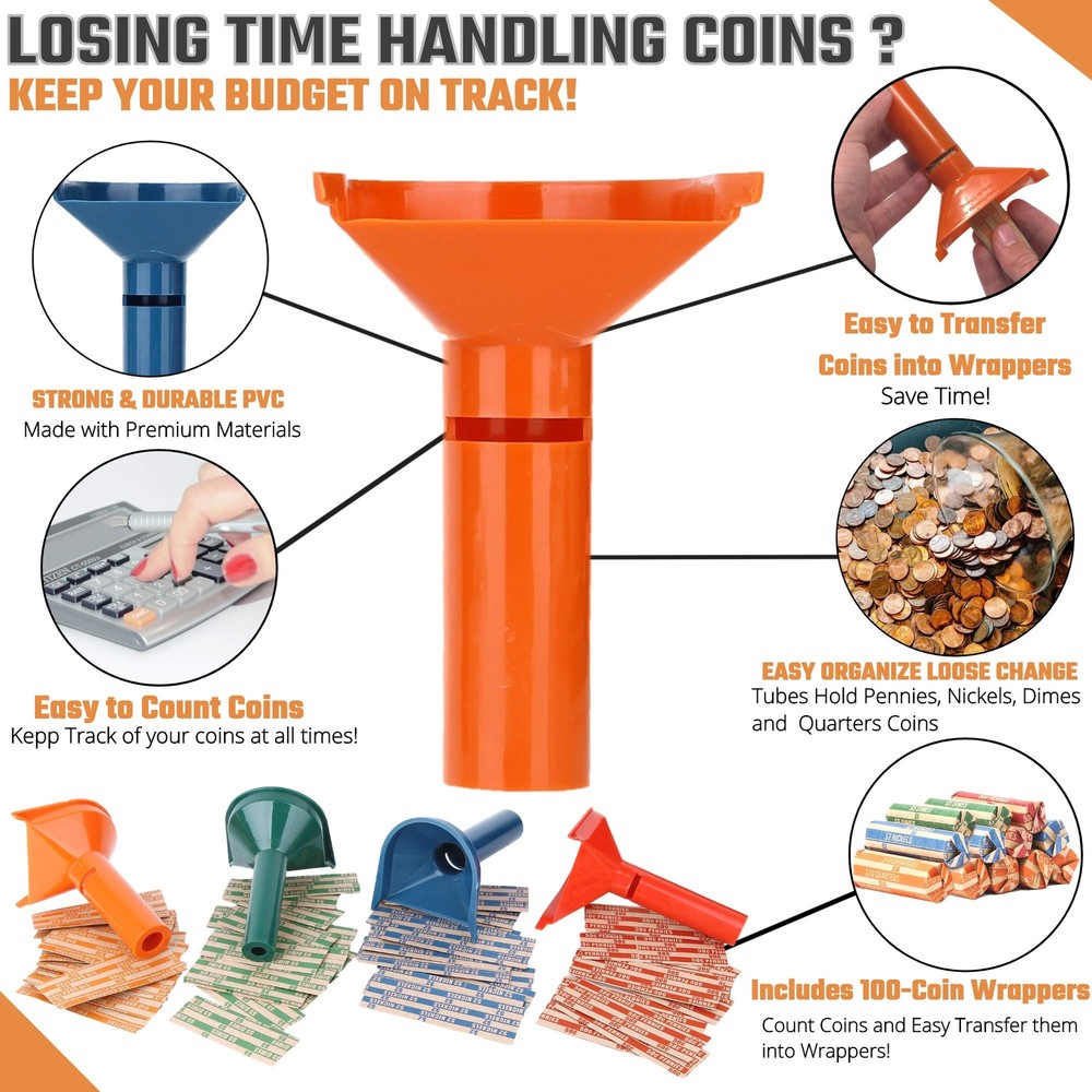 4 Color Coded Coin Counters Tubes and Assorted Coin Wrappers